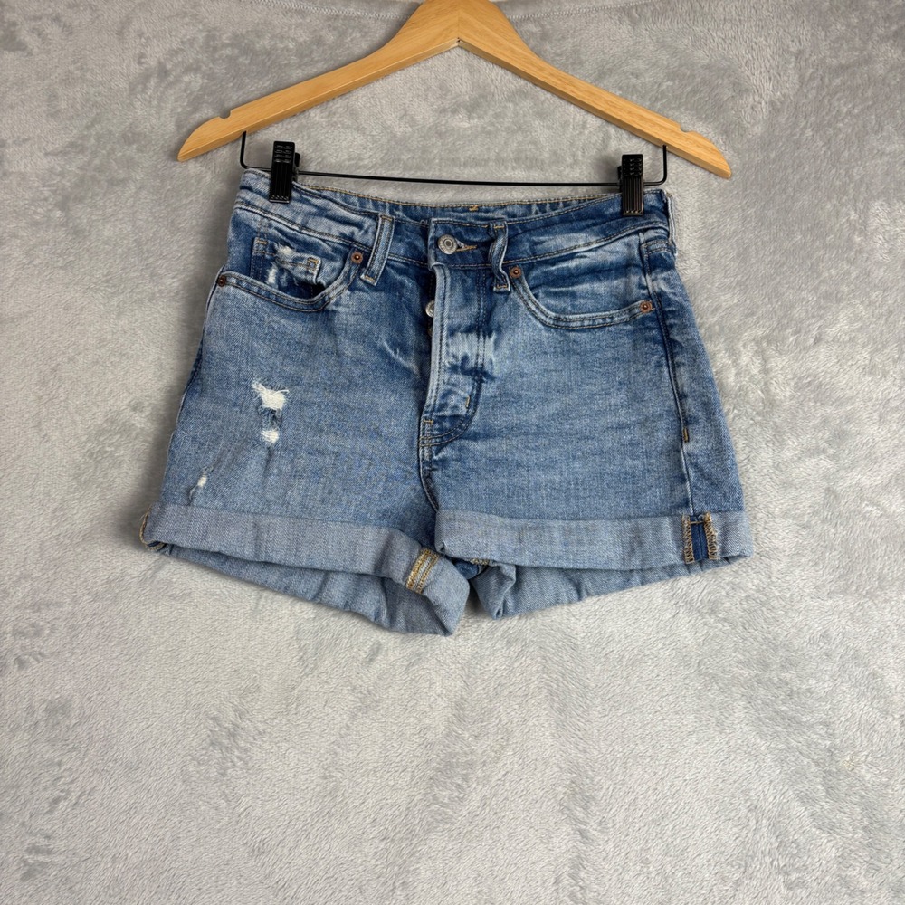 Old Navy OG Straight High Rise Distressed Button Fly Denim Jean Shorts Blue‎ 4